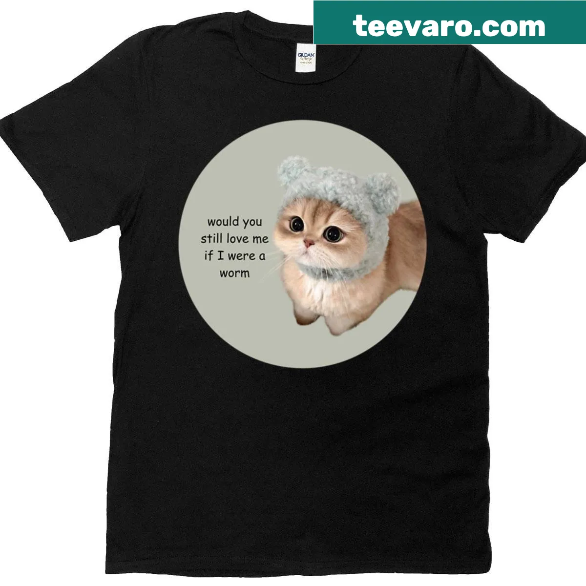 Cartoon tee featuring a worm and text about love for a cat. — on a men's t-shirt