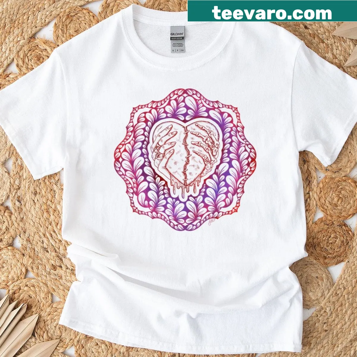 Illustrated T-shirt with a heart and hands surrounded by flower petals — on a men's t-shirt