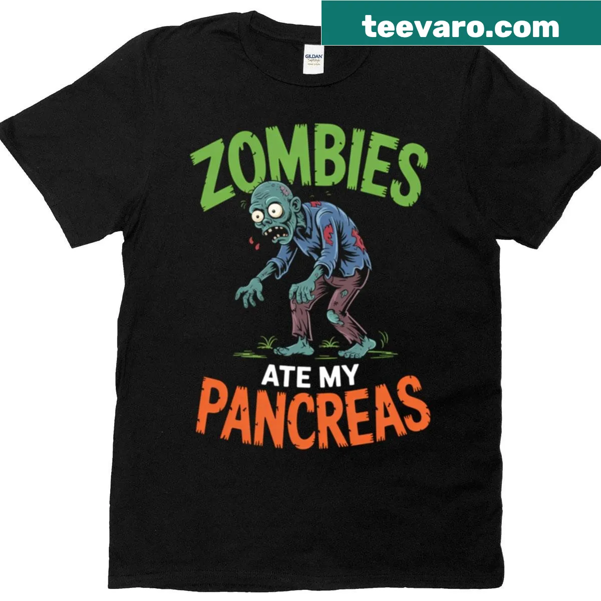 T-shirt with a pancreas and zombie theme for diabetes awareness — on a men's t-shirt