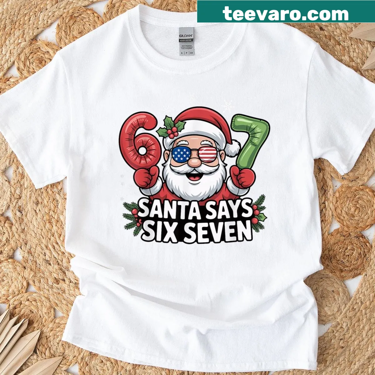 Cartoon Santa with 'Six Seven' text in a funny Christmas shirt — on a men's t-shirt