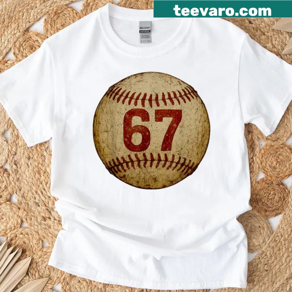 Baseball meme t-shirt with '67' text for Gen Alpha teens
