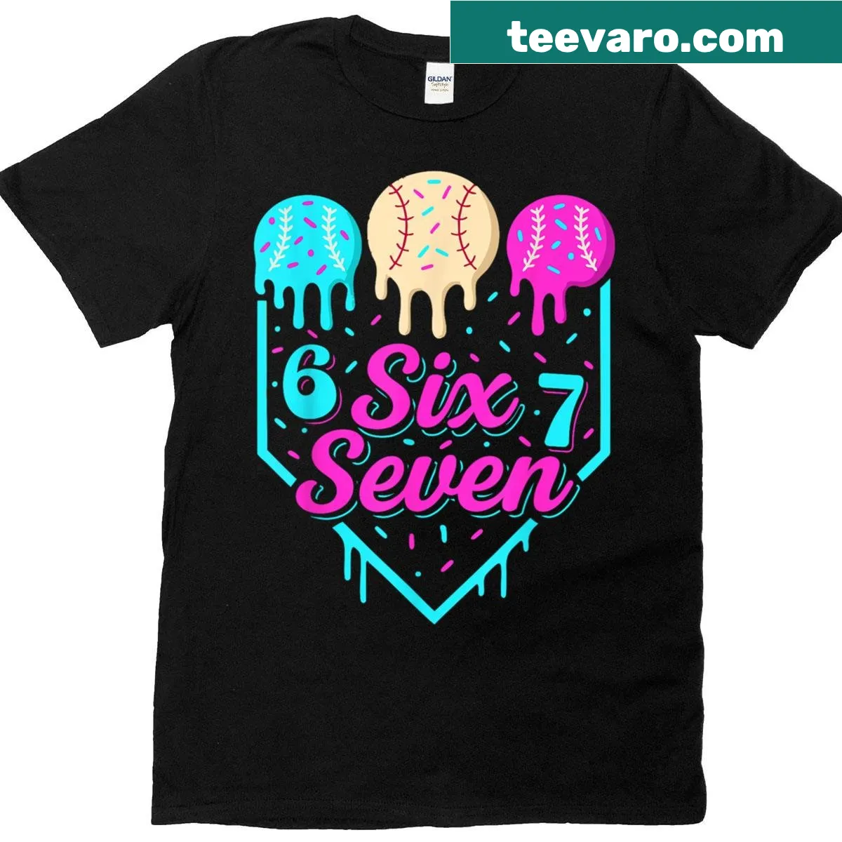 T-shirt with a cartoon graphic of ice cream on a baseball home plate — on a men's t-shirt