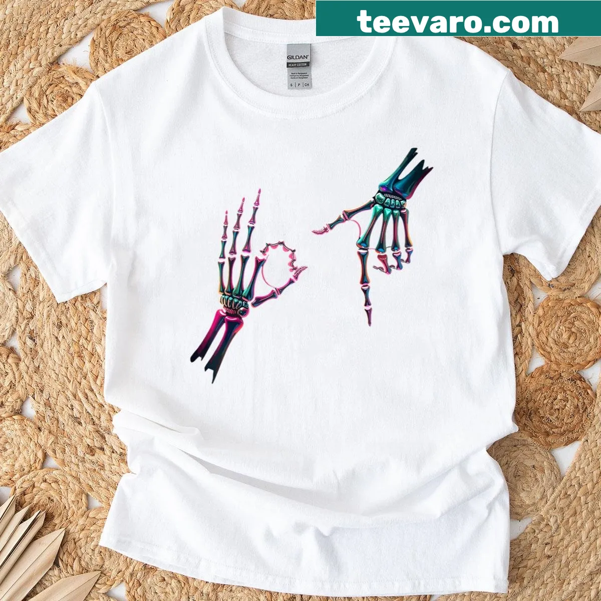 Funny skeleton hand t-shirt for Halloween with meme text — on a men's t-shirt