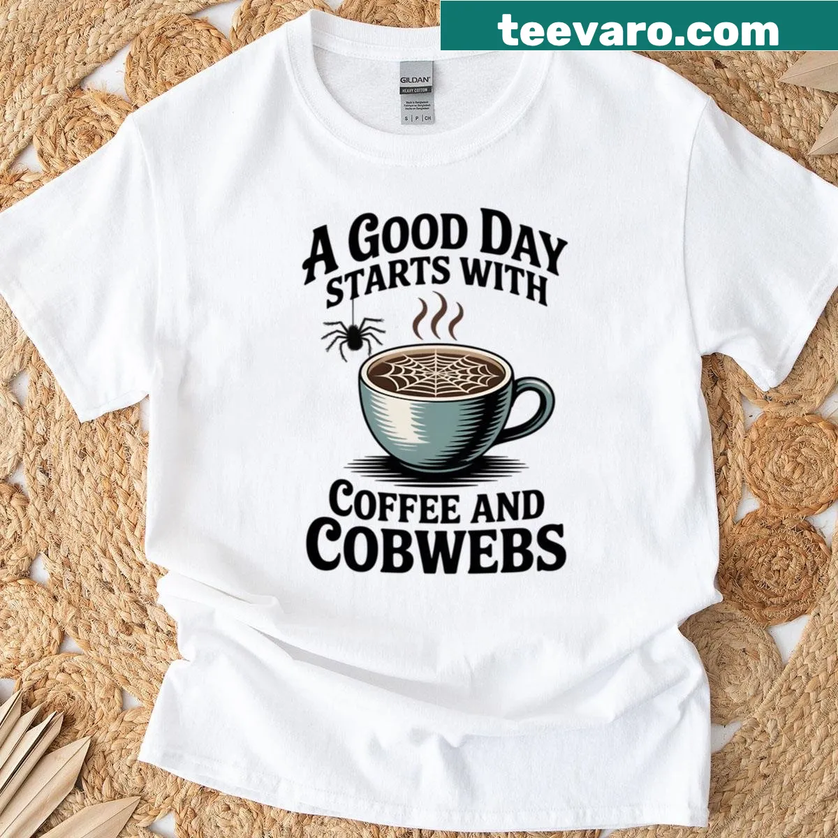 Funny T-shirt with the phrase about coffee and cobwebs for Halloween — on a men's t-shirt