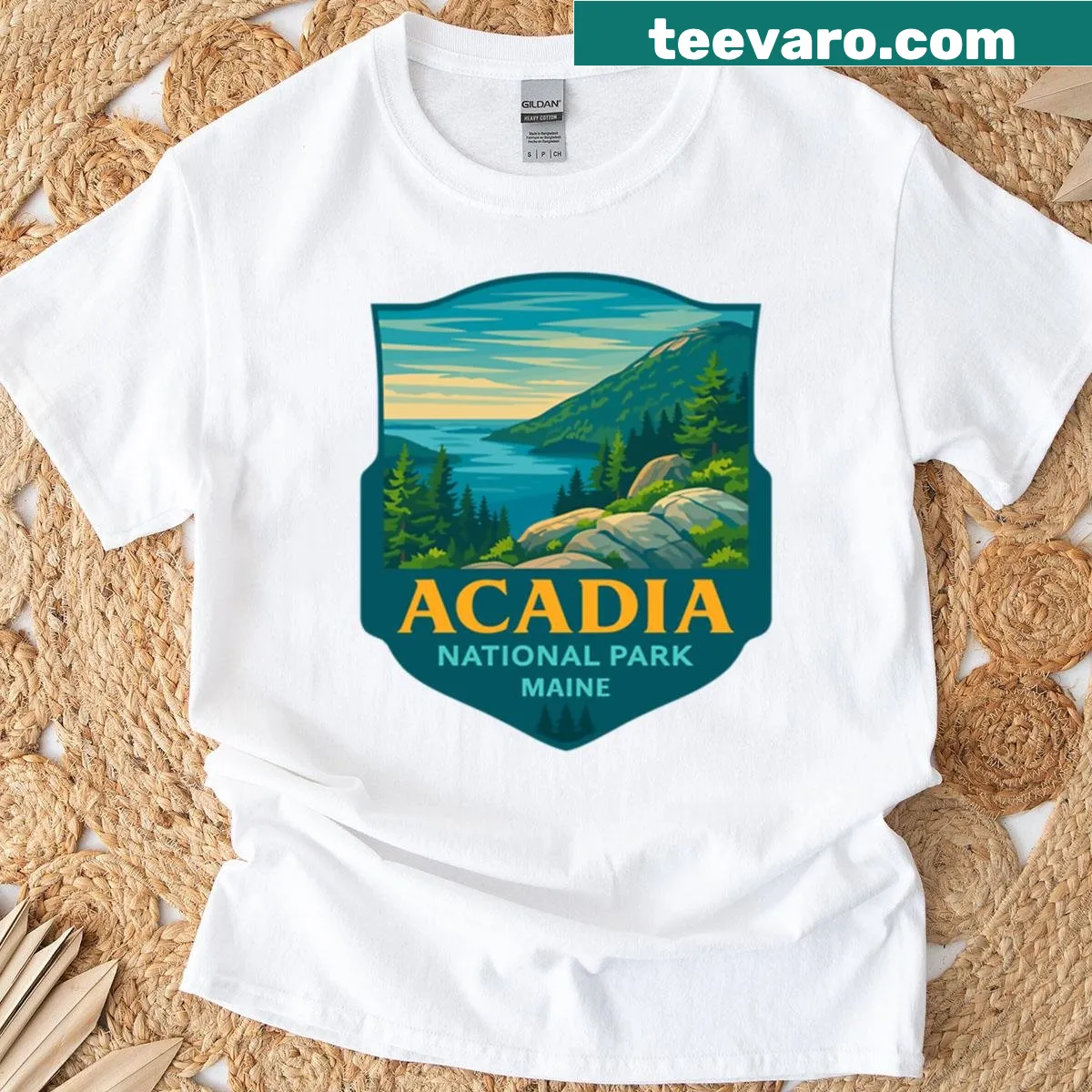 Illustrated Acadia National Park design on t-shirt — on a men's t-shirt