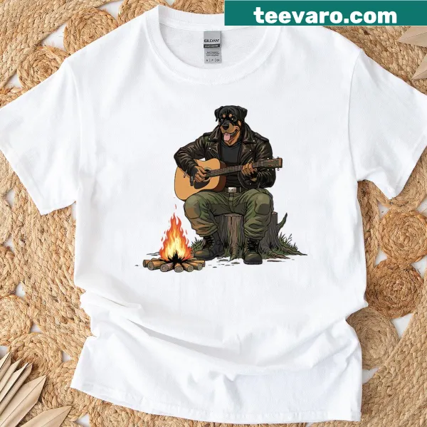 Illustration of Rottweiler playing guitar at a campfire