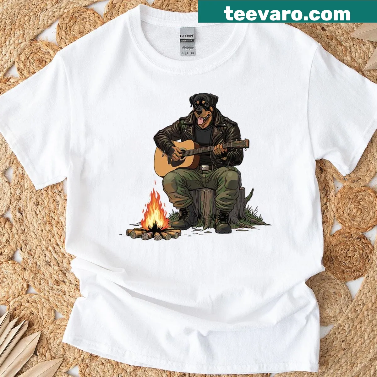 Illustration of Rottweiler playing guitar at a campfire — on a men's t-shirt