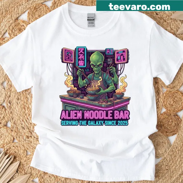 Oversized t-shirt depicting a playful alien noodle bar design