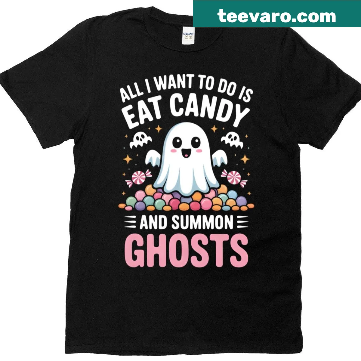 Funny Halloween design t-shirt with candy and ghost illustrations — on a men's t-shirt