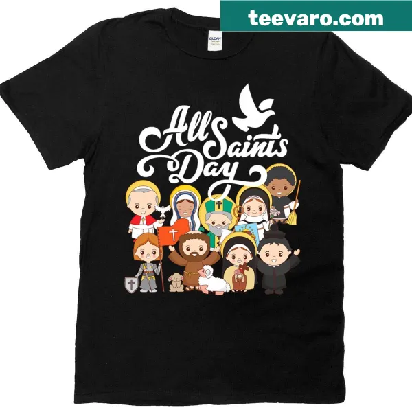 Kids' t-shirt featuring saints St. Francis, St. Therese, and Joan of Arc