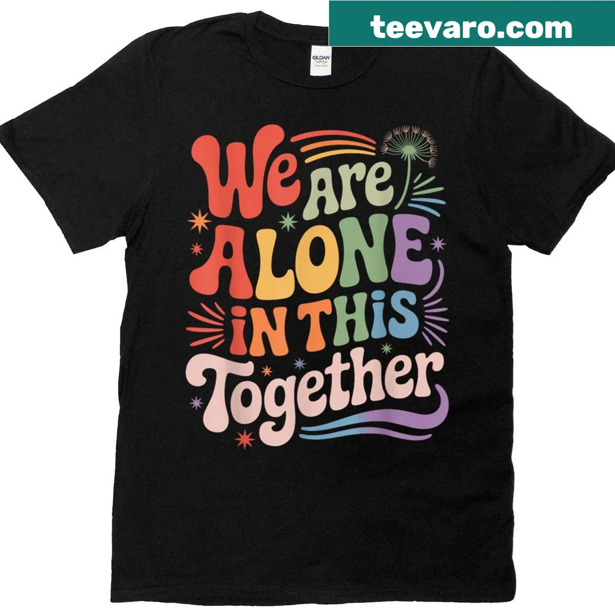 Retro t-shirt with the sarcastic phrase Alone In This Together in 70s style — on a men's t-shirt