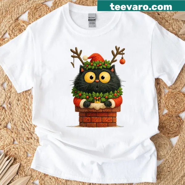 Cartoon Christmas cat design on a T-shirt