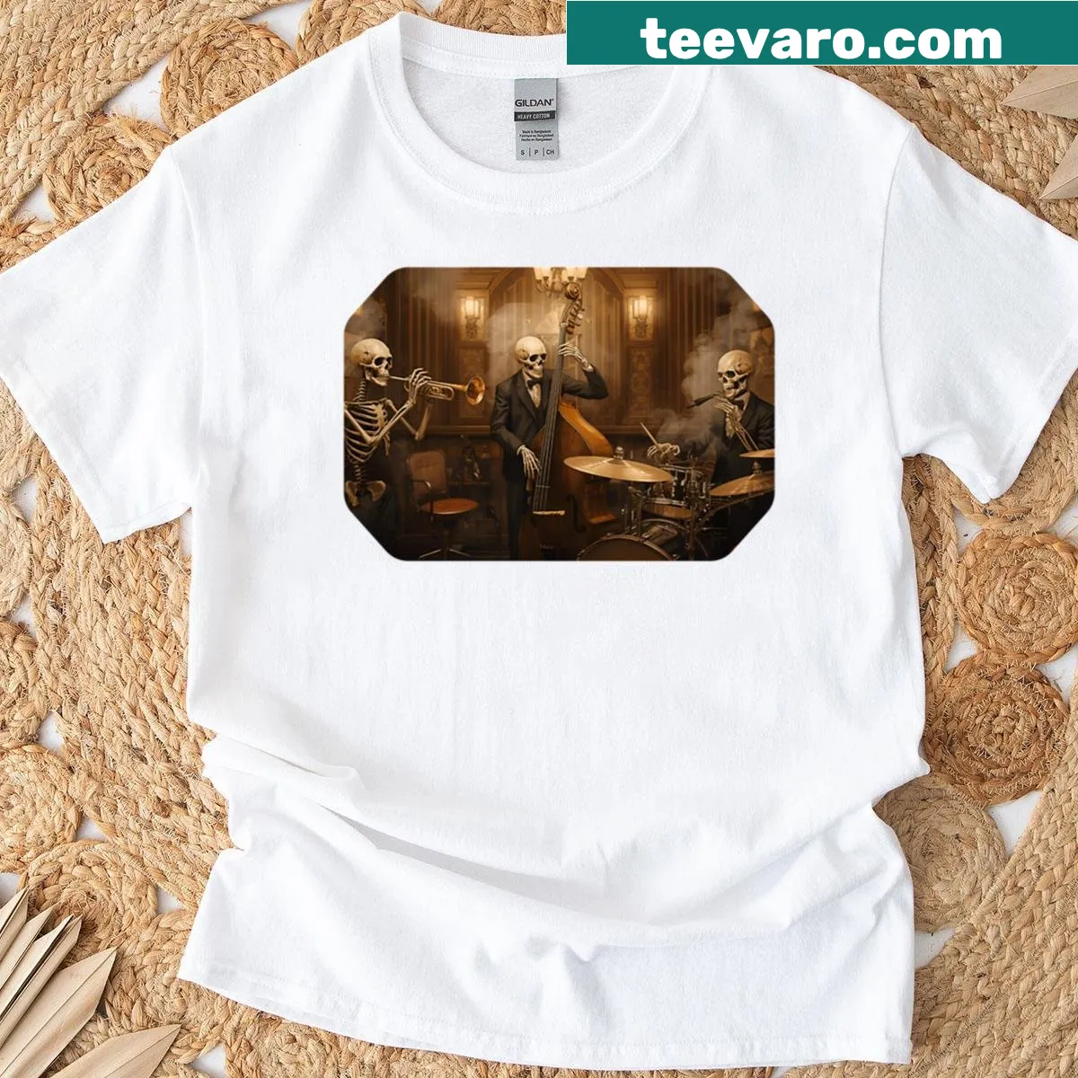 Art Deco T-shirt featuring skeleton musicians performing jazz — on a men's t-shirt