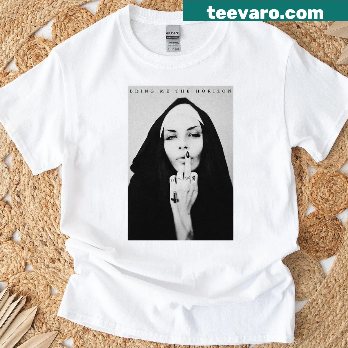 Vintage movie poster-style T-shirt featuring a 'Bad Nun' character — on a men's t-shirt