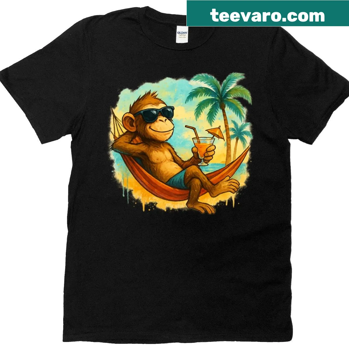 Cartoon illustration of a playful monkey enjoying a sunny beach day — on a men's t-shirt