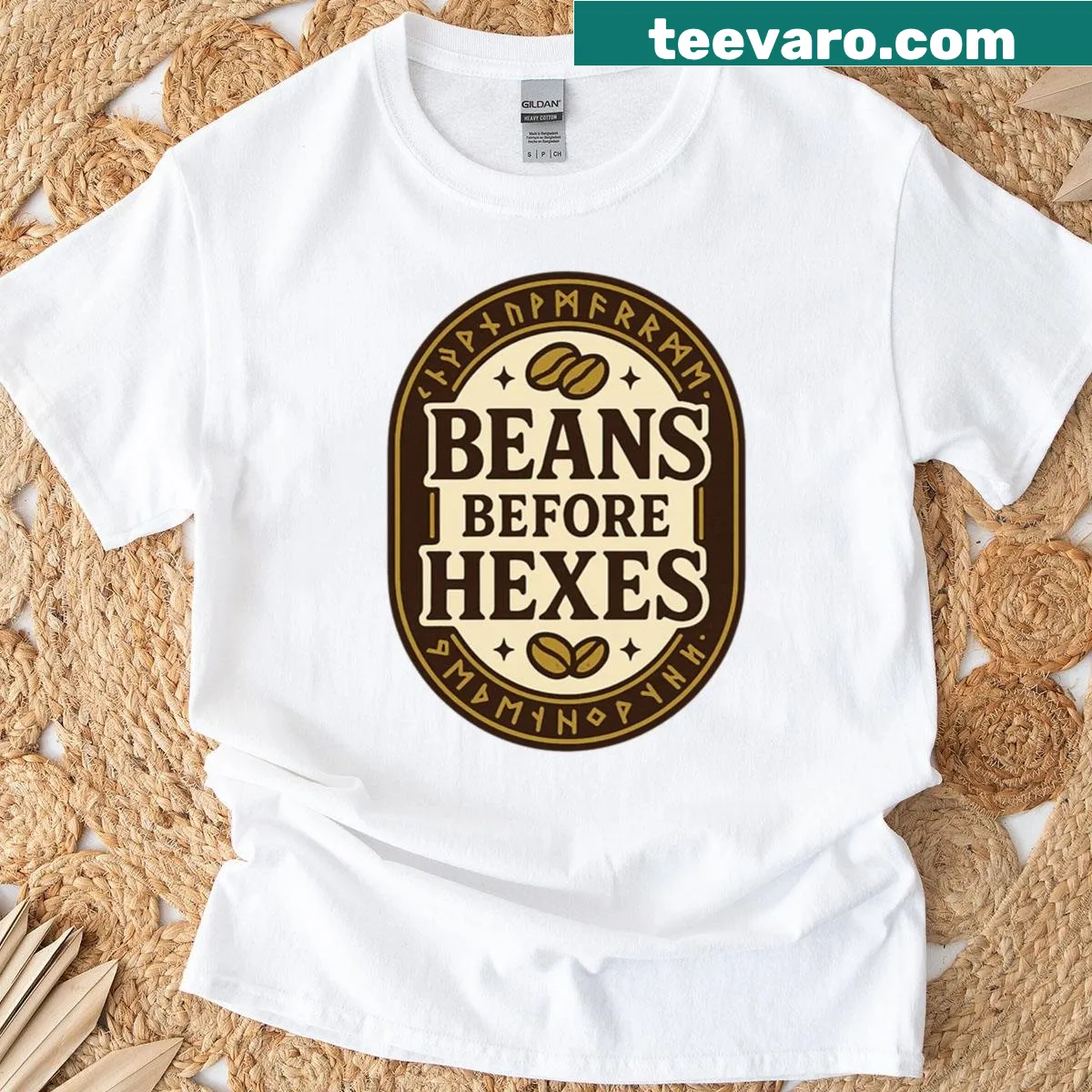 Funny coffee-themed t-shirt with witchy text — on a men's t-shirt