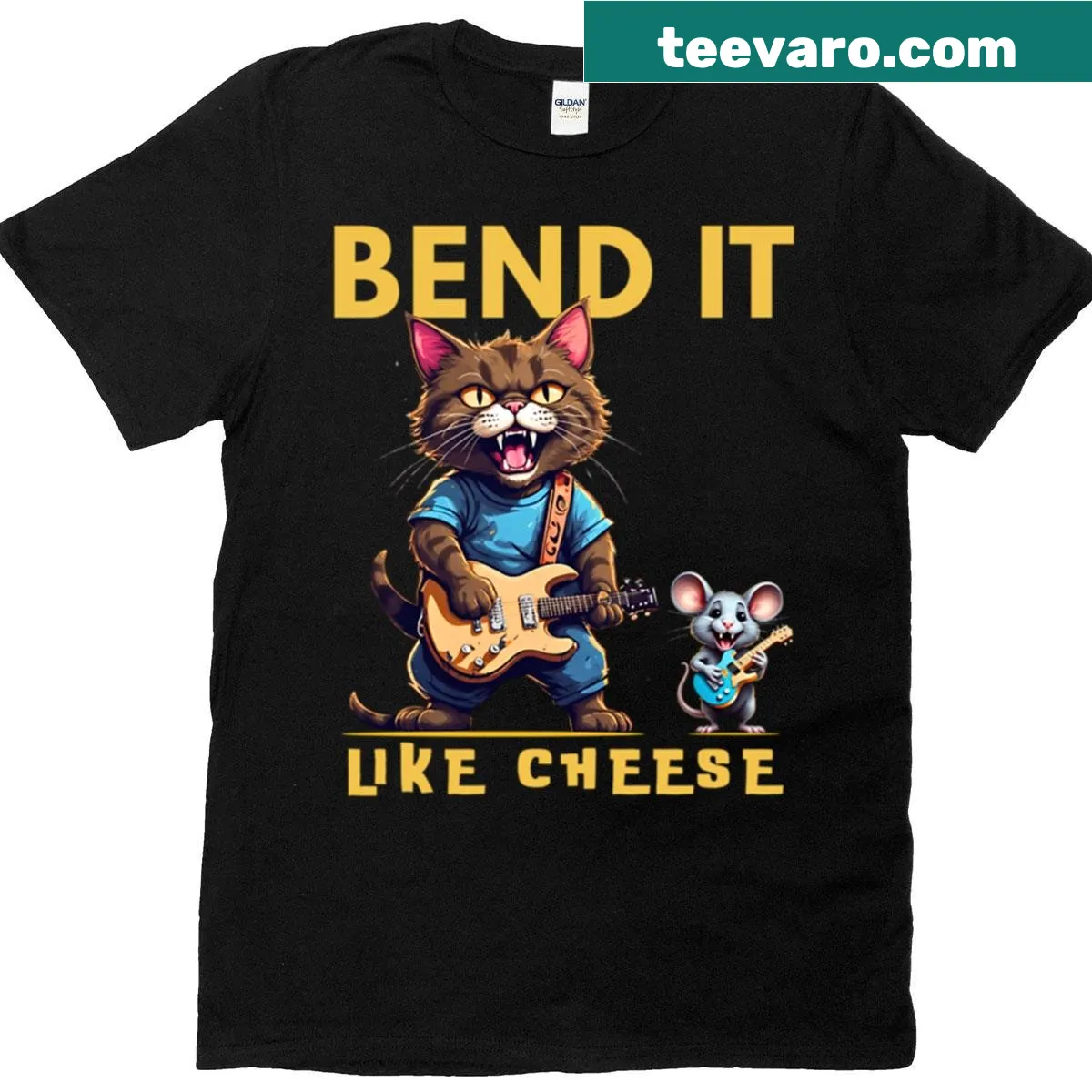 Humorous cat and mouse guitar t-shirt with clever text — on a men's t-shirt