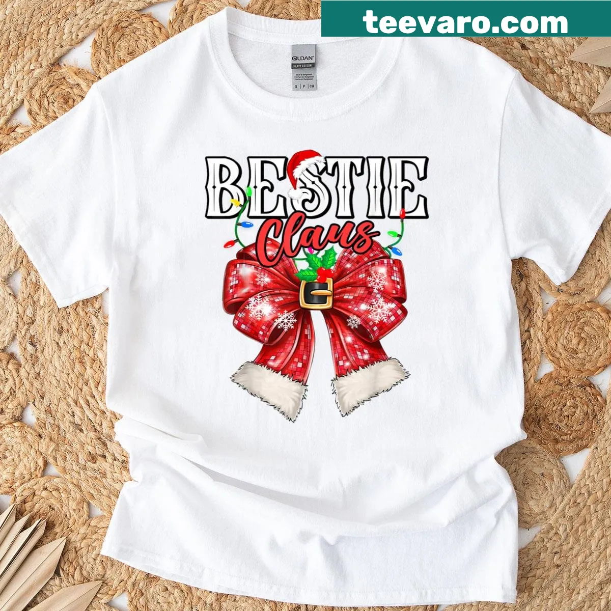 Festive T-shirt with bows and Christmas lights for friends — on a men's t-shirt