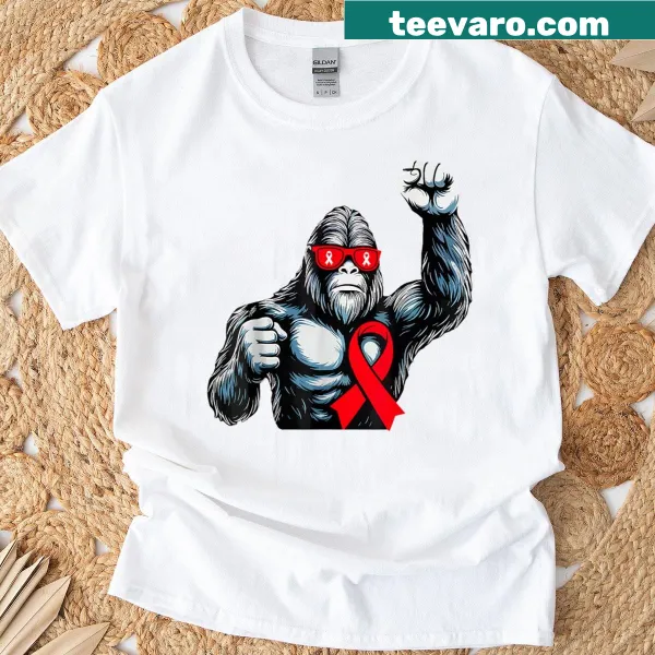 Bold Bigfoot T-shirt featuring a red ribbon for awareness