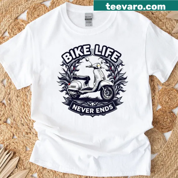 Vintage-style 'Bike Life Never Ends' graphic t-shirt