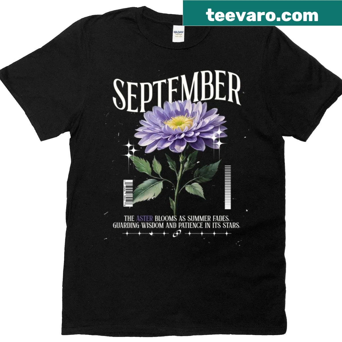Illustration of the September aster flower, symbolizing love and wisdom — on a men's t-shirt
