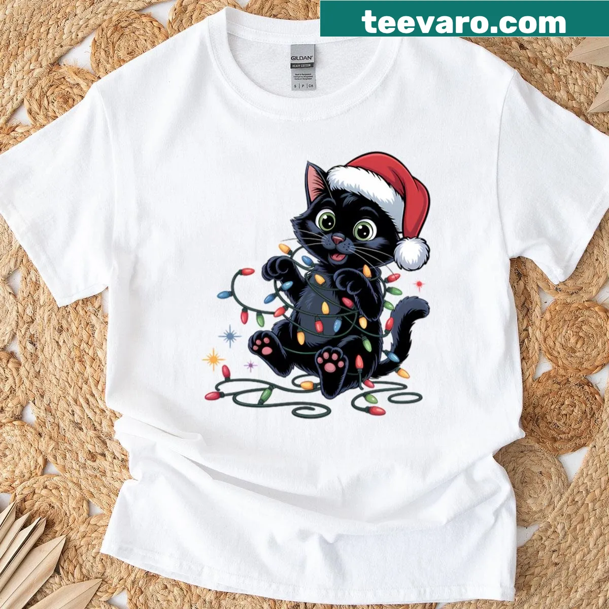 Funny holiday shirt featuring a black cat for Christmas — on a men's t-shirt