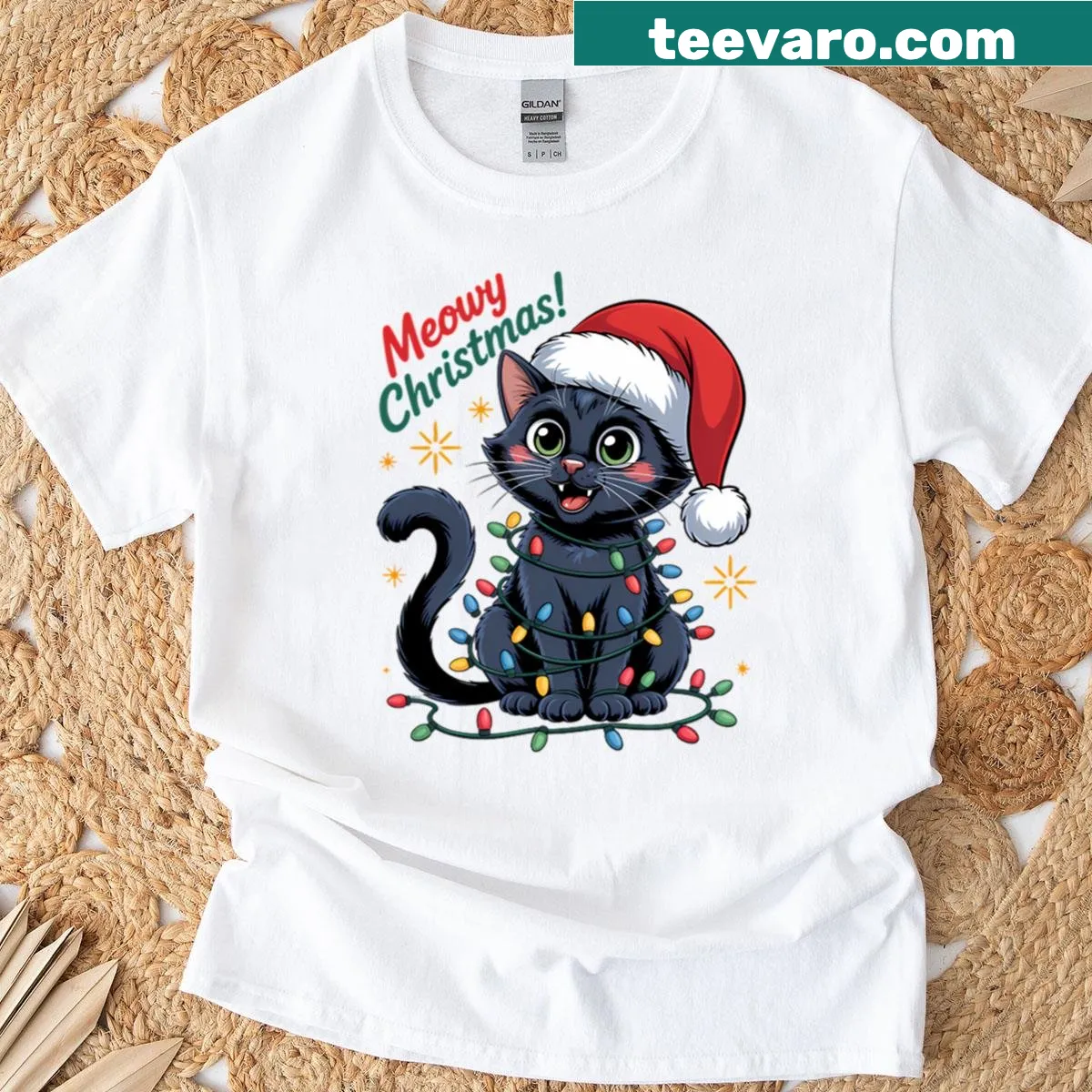 Funny Christmas t-shirt featuring a cartoon black cat in holiday spirit — on a men's t-shirt