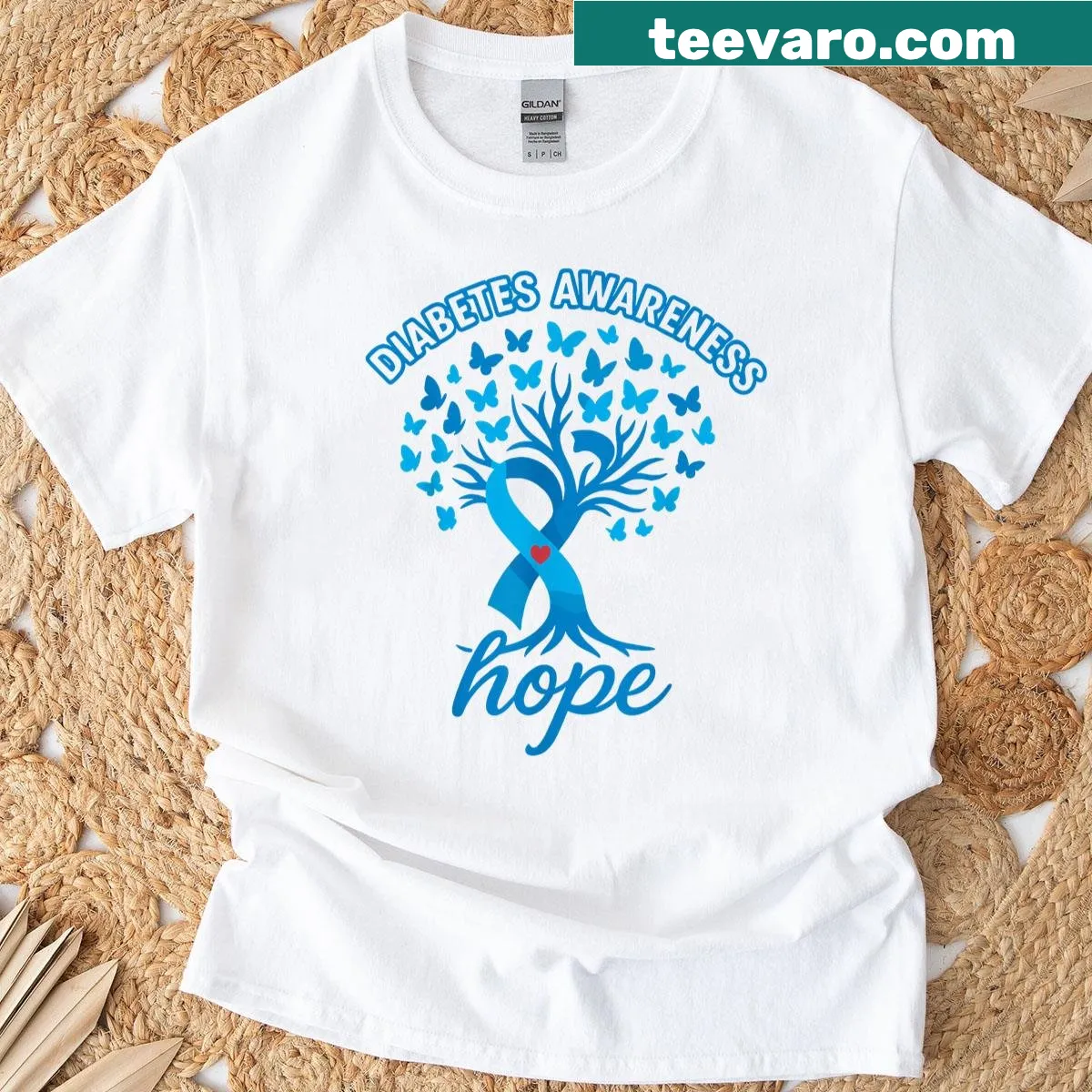 Diabetes awareness graphic T-shirt with blue ribbon design — on a men's t-shirt