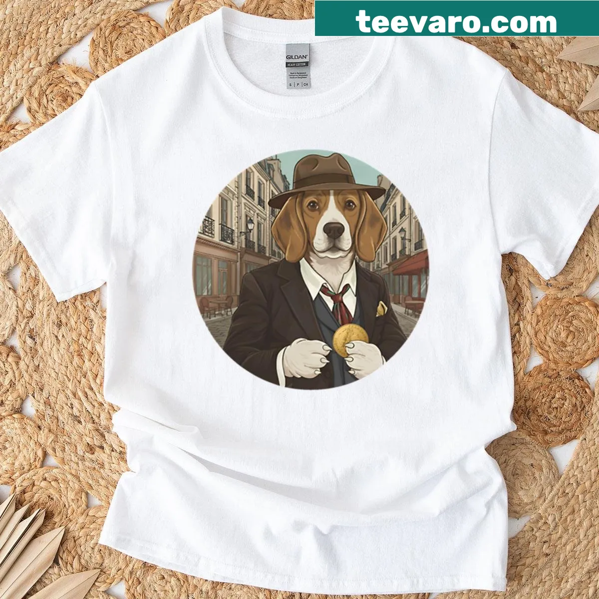 Cute beagle graphic t-shirt with 'Bonjour Beagle' text — on a men's t-shirt