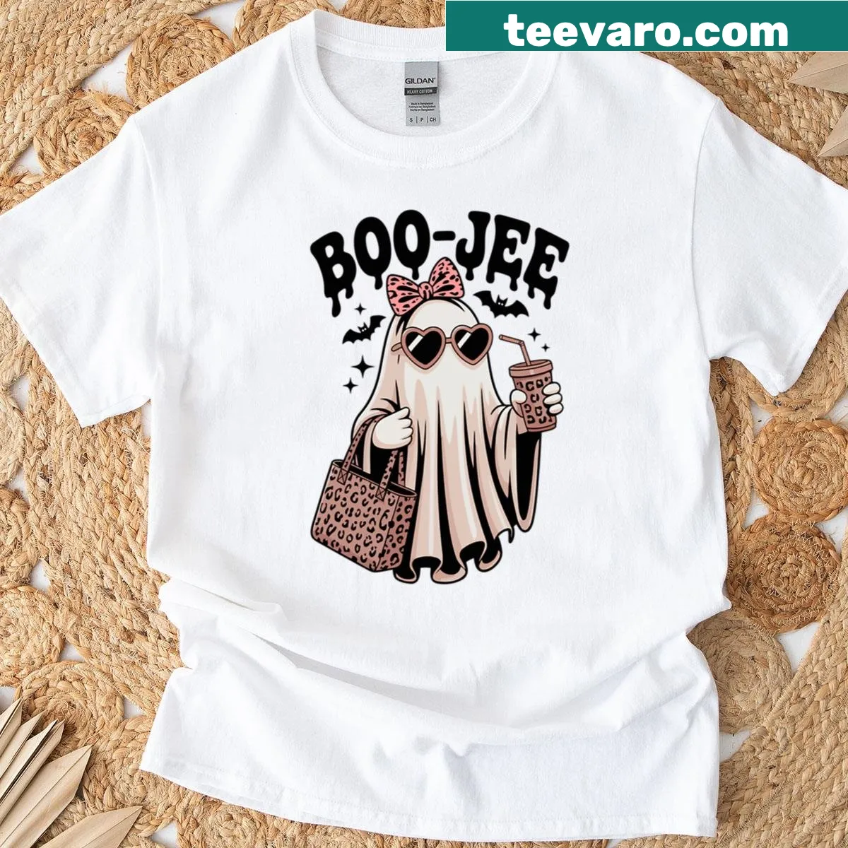 Cartoon ghost graphic t-shirt with fun Boo-jee text — on a men's t-shirt
