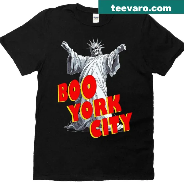 Skeleton Statue of Liberty graphic with Boo York City text for Halloween