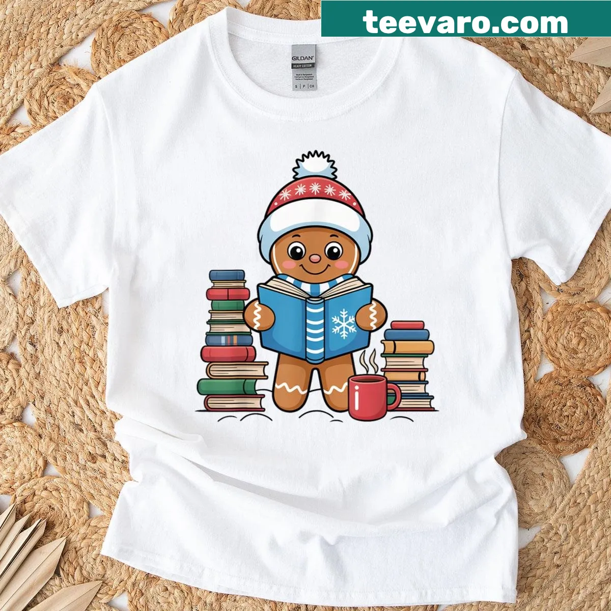 Cute gingerbread character among books in a Christmas theme — on a men's t-shirt