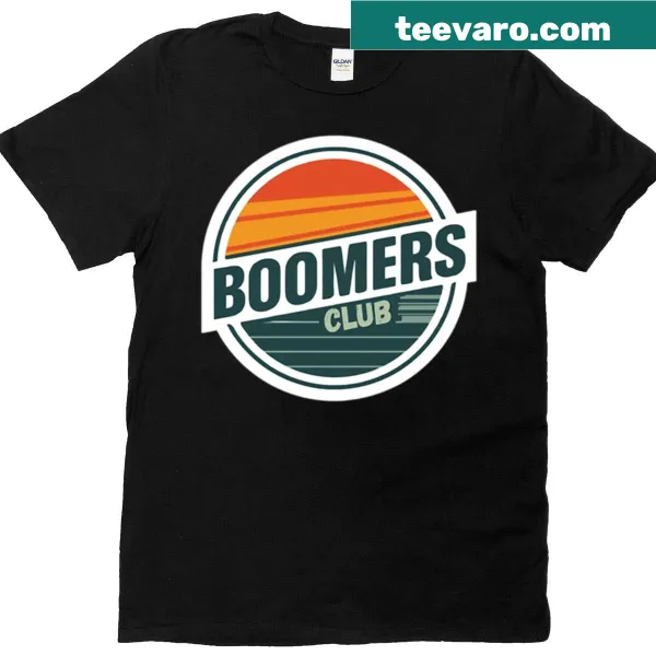 Retro style T-shirt with a sunset graphic and text for Boomers Club.