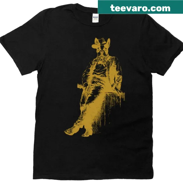 Illustration of a Boston Terrier in cowboy attire standing confidently