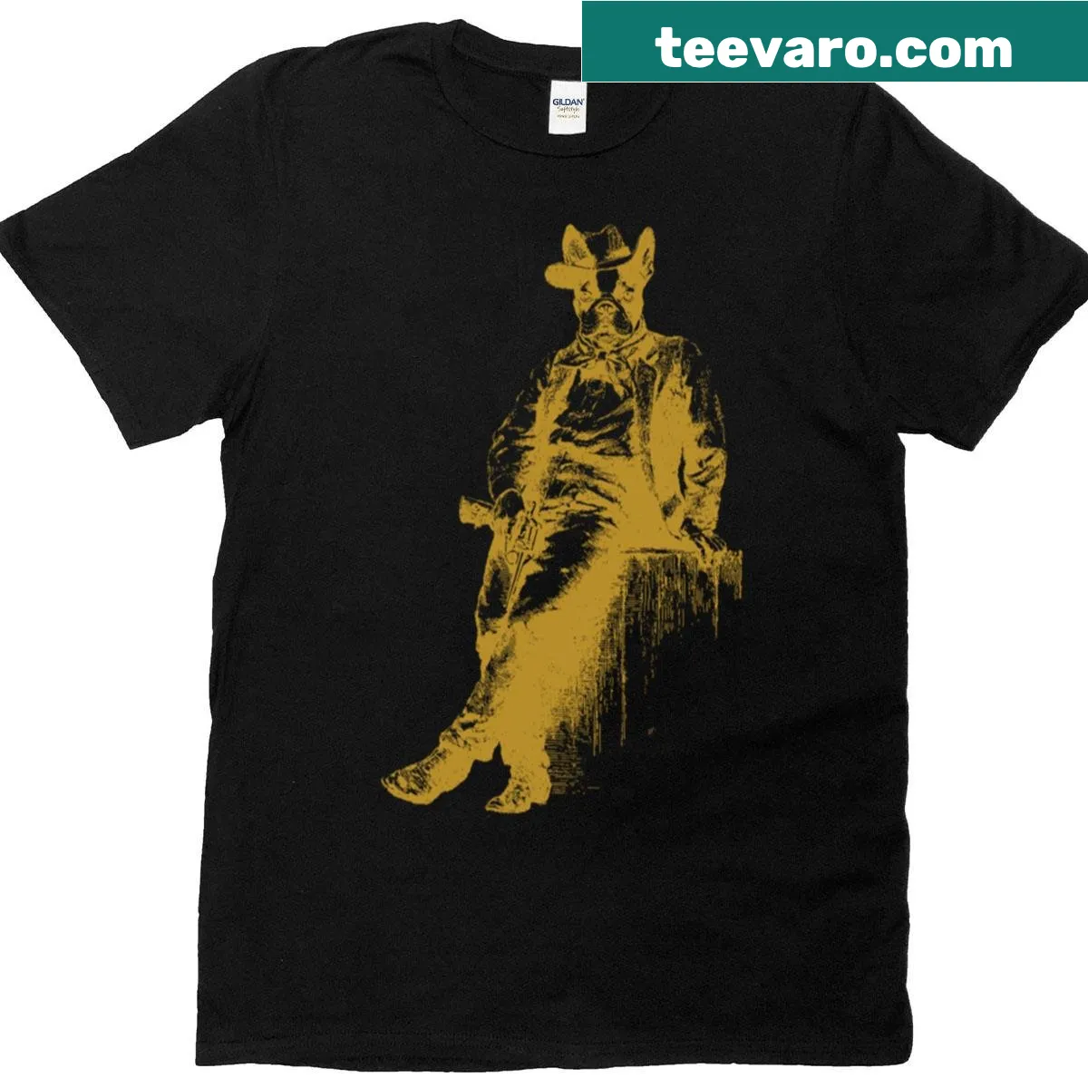 Illustration of a Boston Terrier in cowboy attire standing confidently — on a men's t-shirt