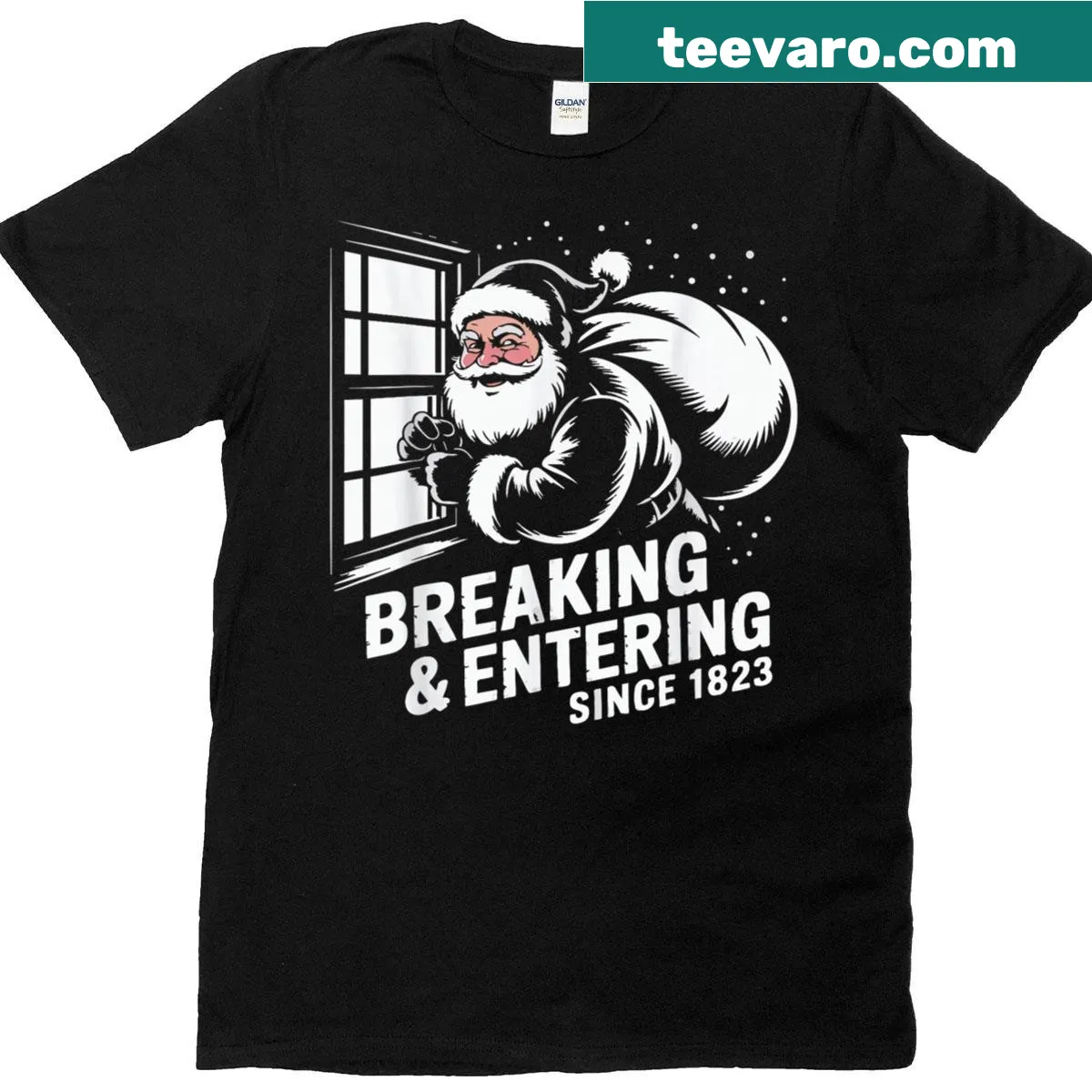 Funny Christmas Santa shirt with text 'Breaking And Entering Since 1823' — on a men's t-shirt
