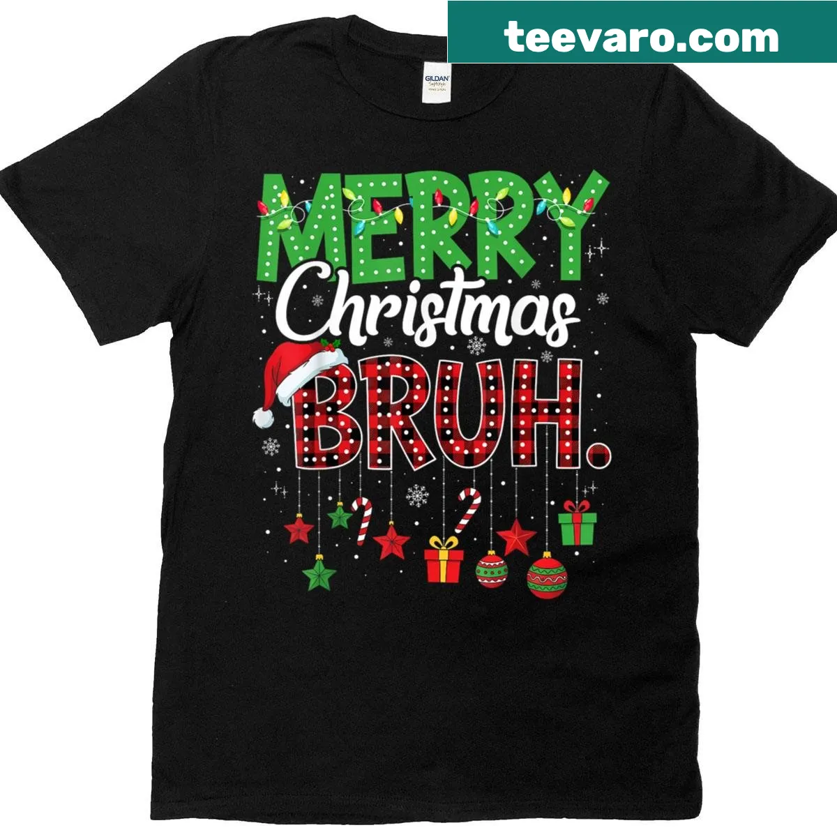 Humorous Christmas tee with 'Bruh' text and red plaid design — on a men's t-shirt