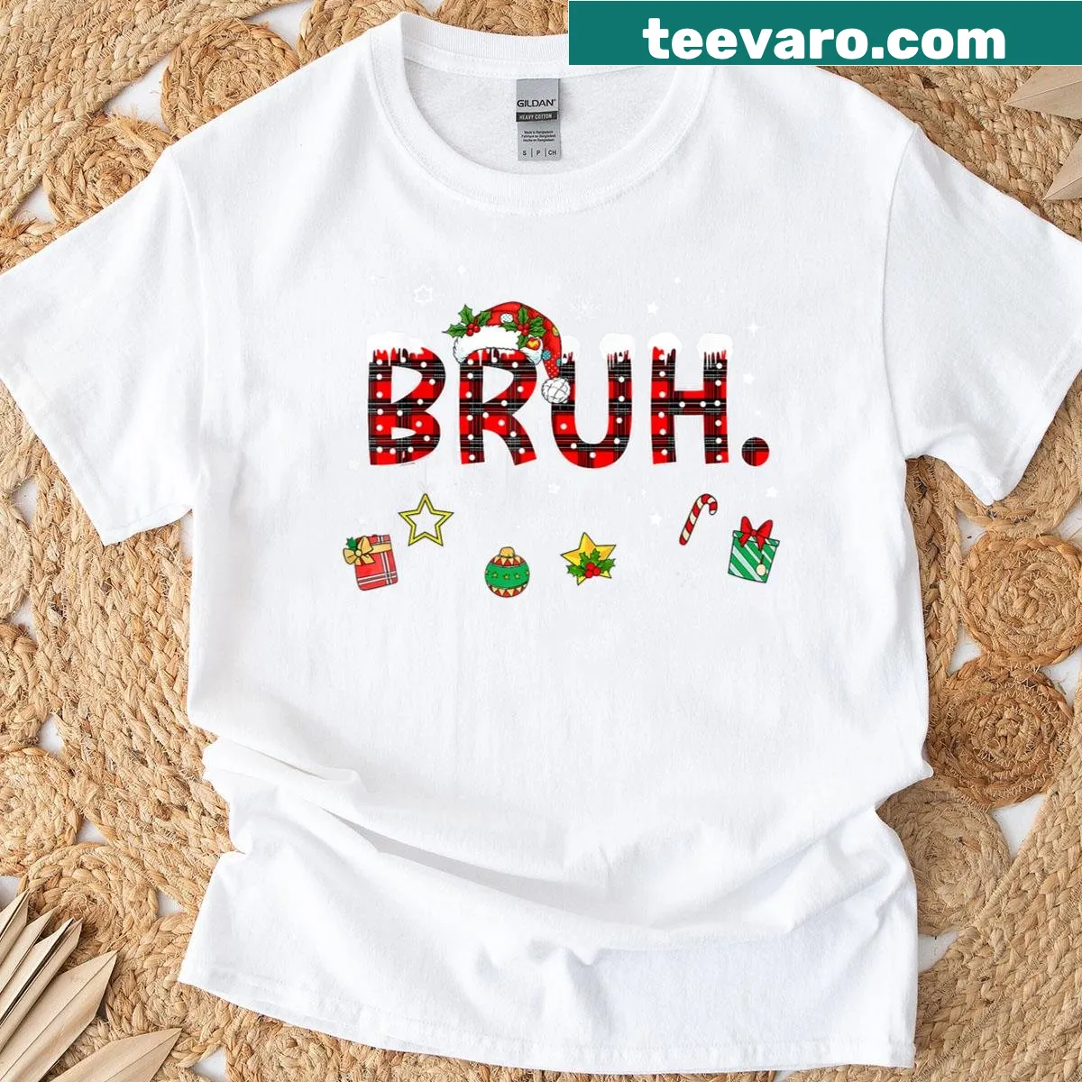 Funny Christmas t-shirt with 'Bruh' text in red plaid design — on a men's t-shirt
