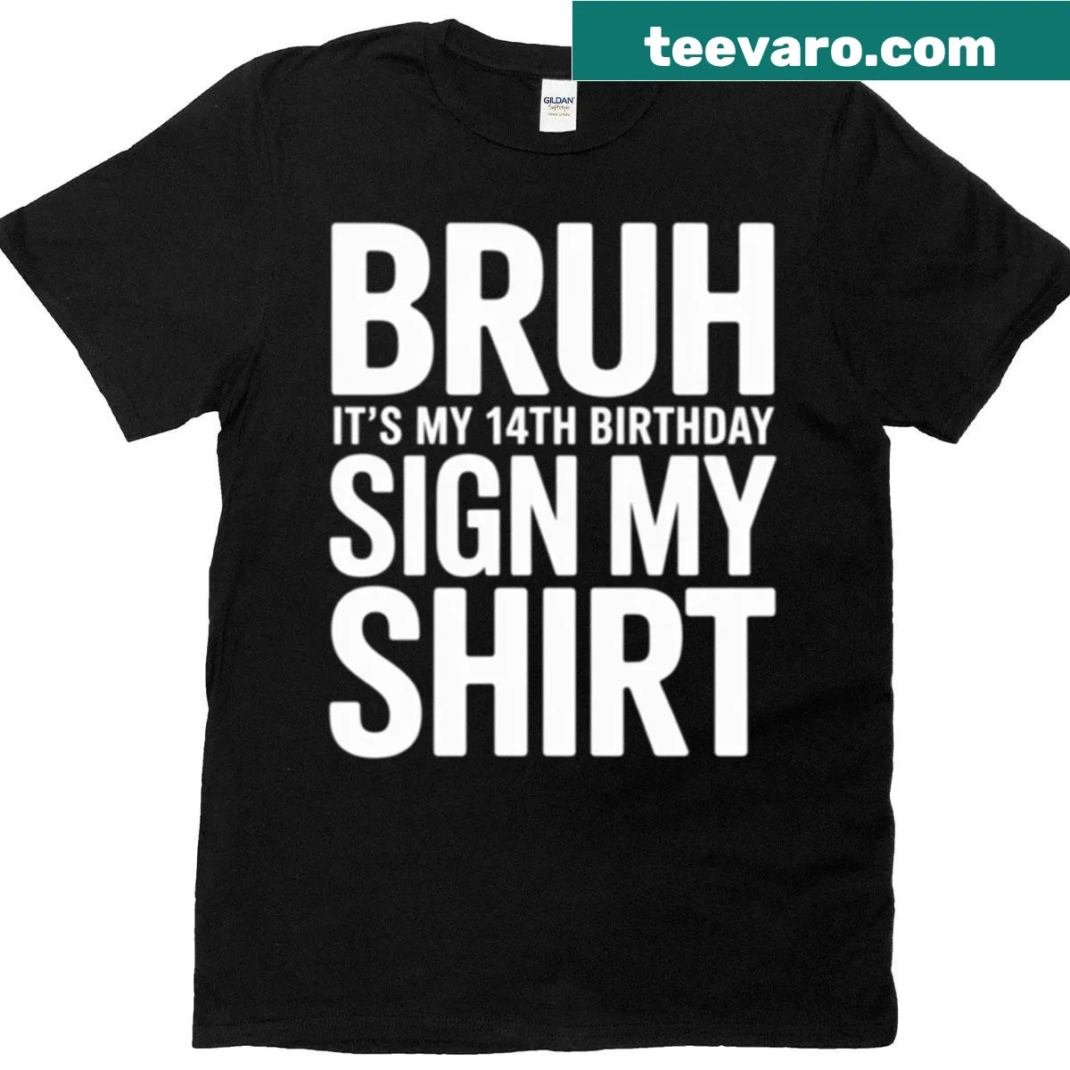 Playful birthday t-shirt with bold text for 14th birthday — on a men's t-shirt