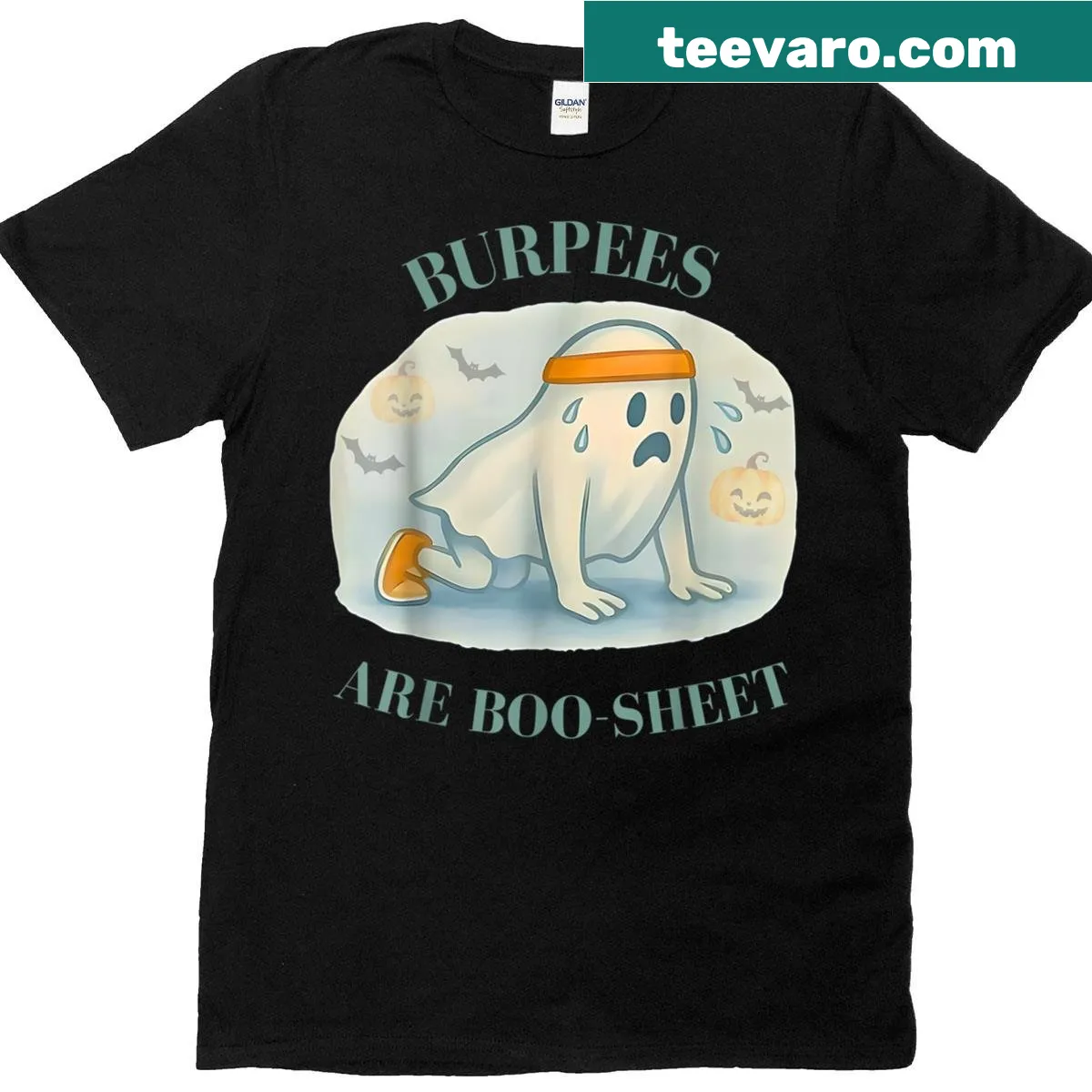 Funny Halloween fitness shirt with ghost graphic and humorous text — on a men's t-shirt
