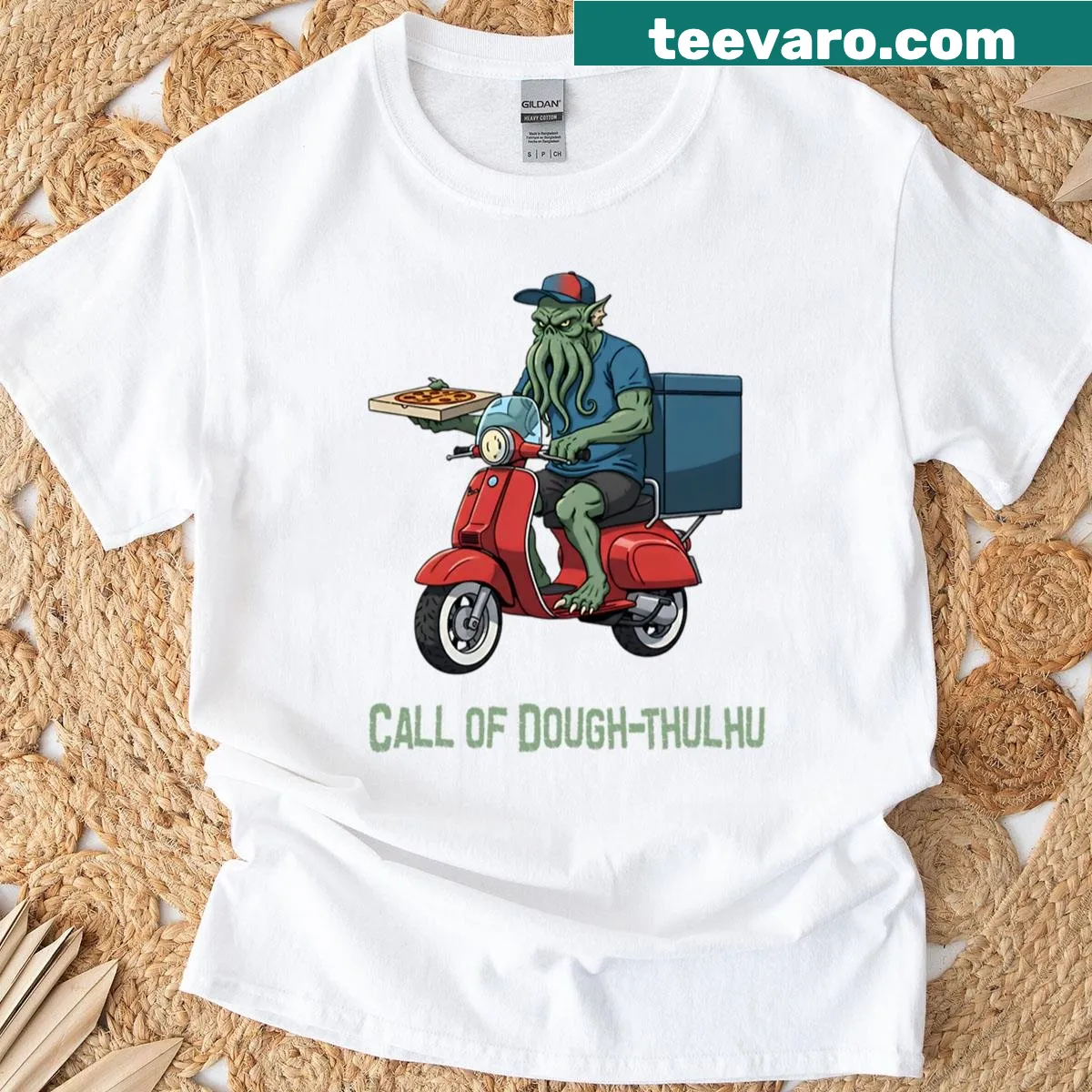 Funny T-shirt with cosmic pizza delivery design — on a men's t-shirt