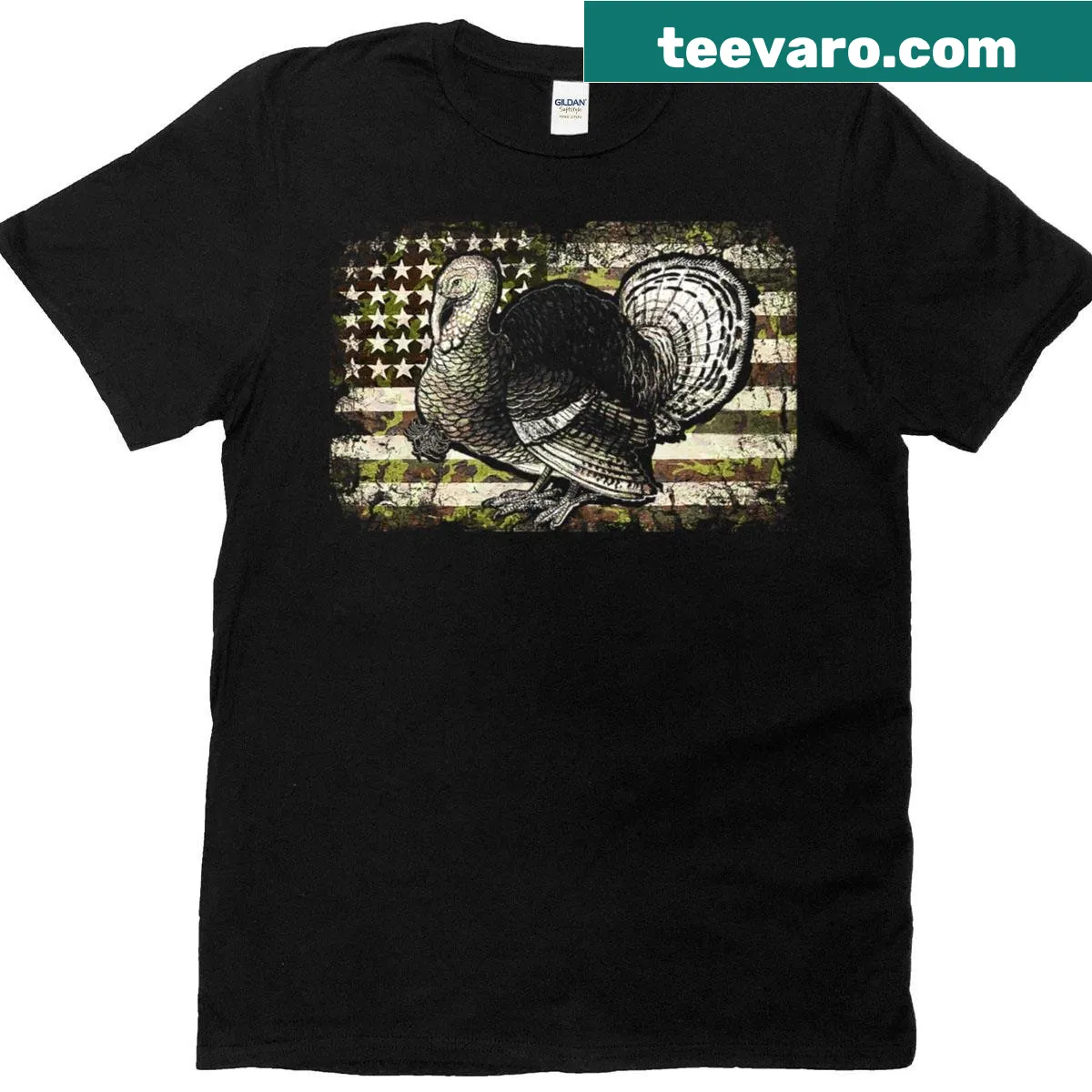 Camo US America Flag Turkey Day t-shirt with hunting design — on a men's t-shirt