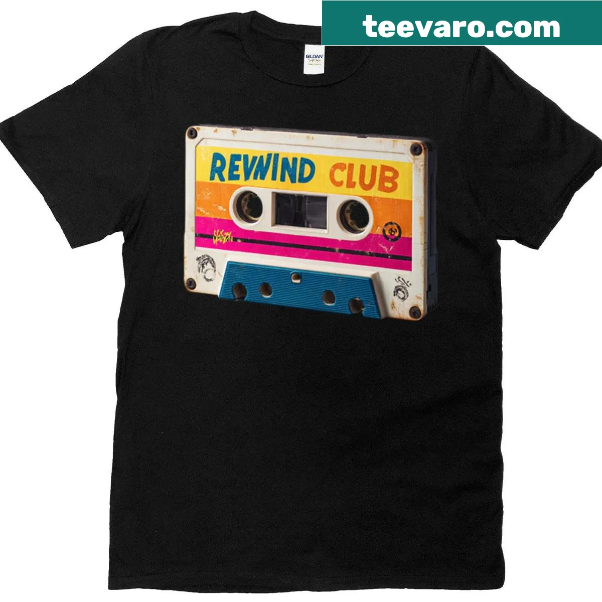 Cassette tape graphic with 'Press Play' text on T-shirt — on a men's t-shirt