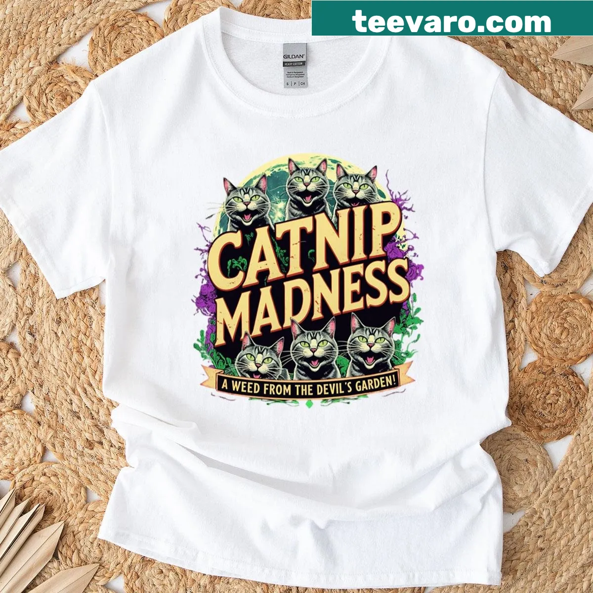 Humorous Catnip Madness t-shirt featuring a playful cat graphic — on a men's t-shirt