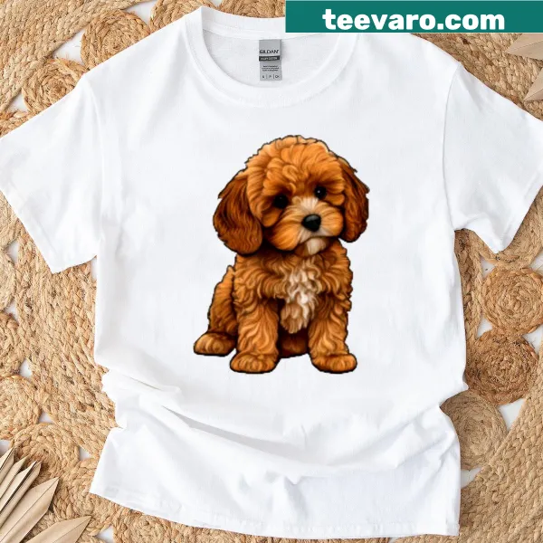 T-shirt with illustrations of Cavapoo, Cockapoo, Goldendoodle, and Poodle breeds