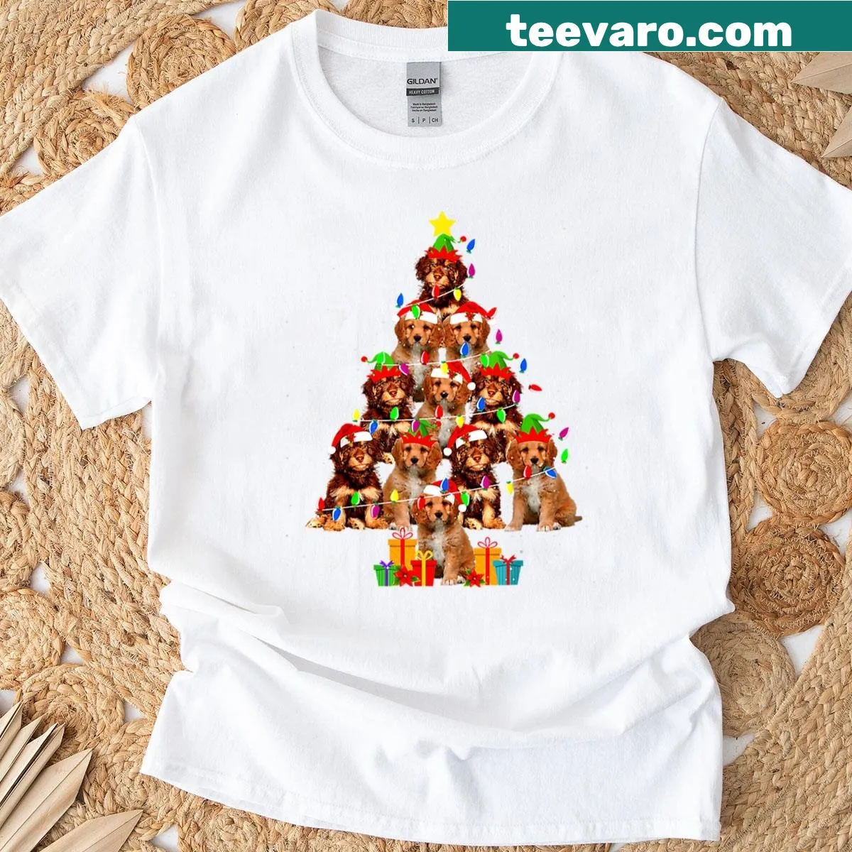 Cavapoo dog wearing a Santa hat surrounded by Christmas decorations — on a men's t-shirt