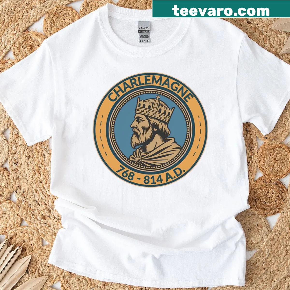 Illustration of Charlemagne on a badge-style t-shirt — on a men's t-shirt