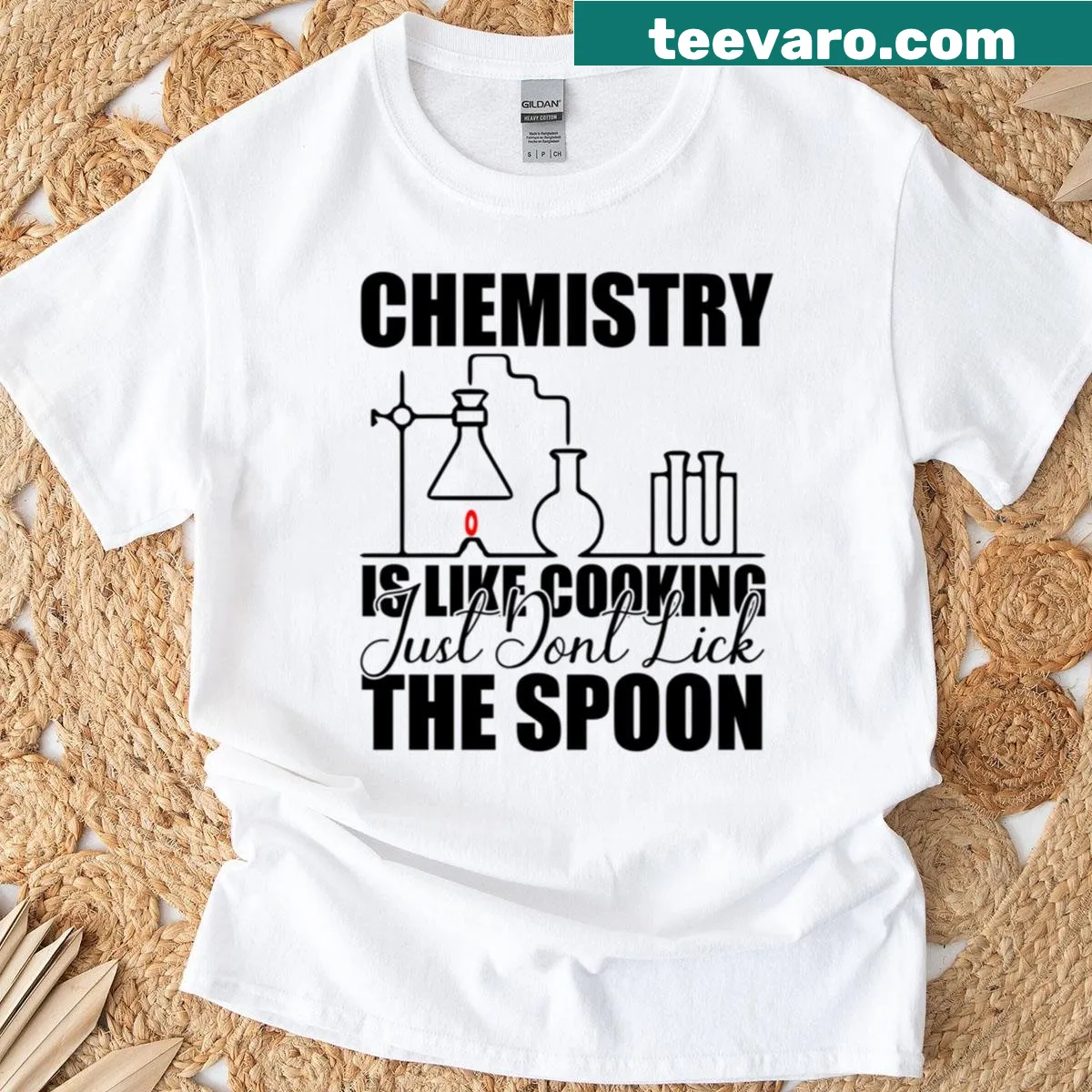 T-shirt featuring the quote 'Chemistry Is Like Cooking' in a minimalistic style — on a men's t-shirt