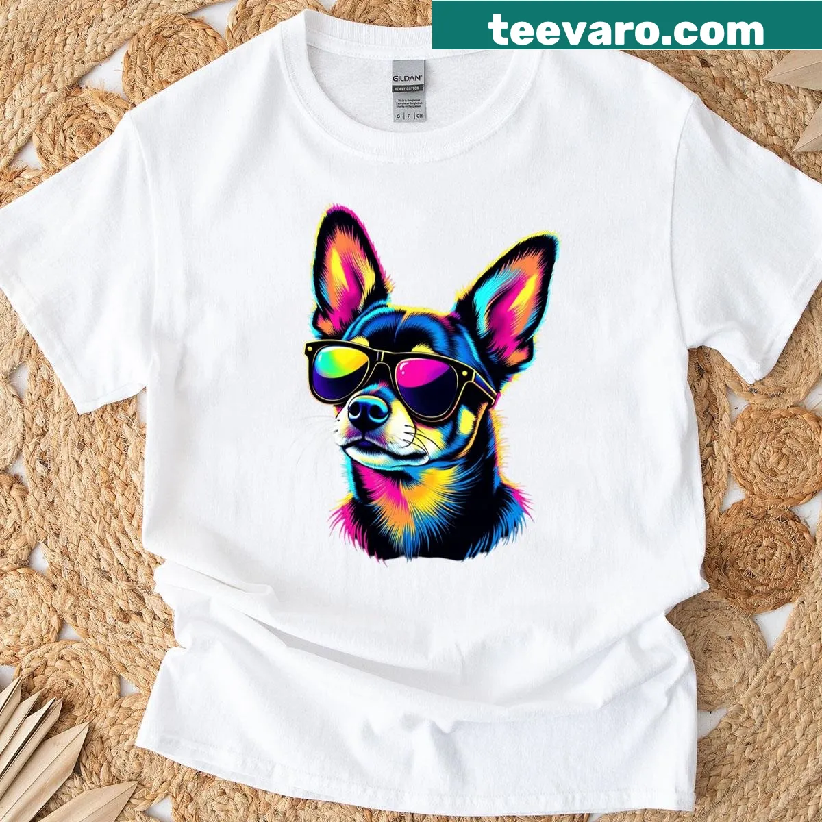Funny Chihuahua t-shirt with pop art sunglasses graphic — on a men's t-shirt