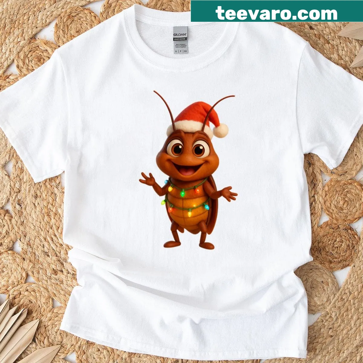 Festive oversized T-shirt featuring a playful Australian cockroach illustration — on a men's t-shirt